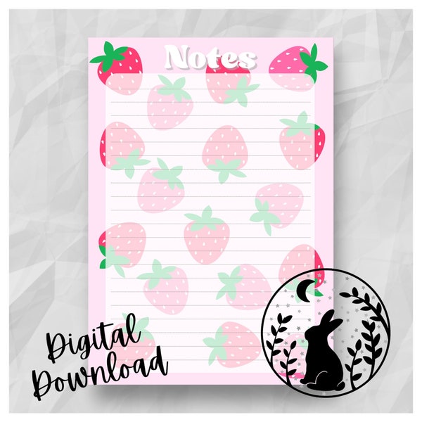 Descarga digital de la página del Bloc de notas imprimible de fresa