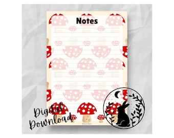 Mushroom Printable Notepad Page Digital Download