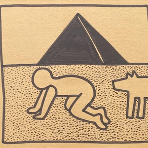 Puede incluir: Un dibujo lineal en blanco y negro sobre papel color beige. La obra de arte representa una figura que gatea, una pir&aacute;mide y una forma de perro. El estilo recuerda la obra de Keith Haring.