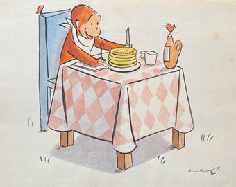 Może przedstawiać: Akwarelowa ilustracja małpy przy stole nakrytym do śniadania. Stół pokryty jest czerwoną i białą kratowaną serwetą. Na stole stos naleśników, syrop i kubek. Mały ptaszek siedzi na dzbanku z syropem.