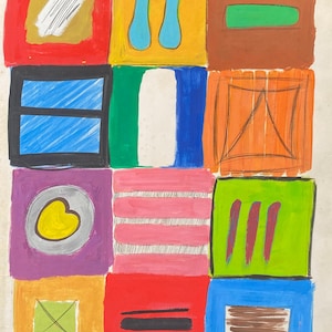 May include: Abstract painting with a grid of colorful squares. Each square contains a different shape or design, including stripes, lines, and geometric forms. The color palette includes red, blue, yellow, and green.