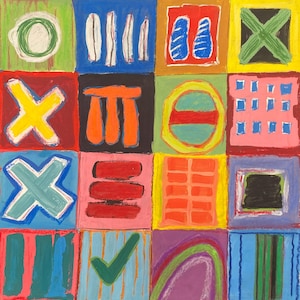 May include: A colorful abstract painting composed of sixteen squares, each containing a unique design. The squares feature various shapes and patterns in vibrant colors like green, blue, red, and yellow. The artist's signature and the year '81 are visible in the bottom right corner.