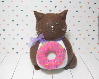 Cute donut cat, Felt pincushion, Donut lover gift, Brown cat love, Pink sprinkle donut, Cat lover gift, Cat decor