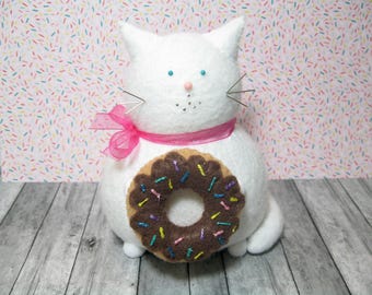 Cute donut cat, Felt pincushion, Donut lover gift, White cat love, Chocolate sprinkle donut, Cat lover gift, Cat decor