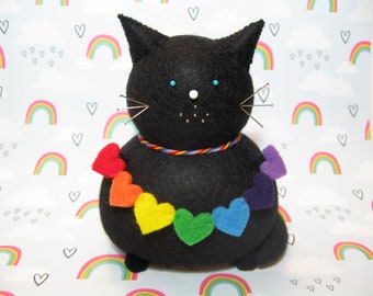 Felt pincushion cat, Black cat love, Cute cat gift, Rainbow decor, Sewing room accessory, Colorful cat decor, Rainbow lover gift, ROYGBIV