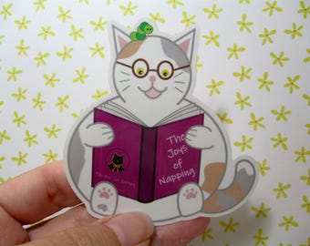Reading cat vinyl sticker, White cat love, Diluted calico cat, Book reader gift, Gift for book lover, Cute cat artwork, Cat lover gift