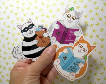 Reading cat 3 pack vinyl sticker, Orange cat love, Dilute calico, Book burglar, Book reader gift, Gift for book lover, Cat lover gift