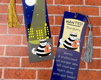 Book Burglar cat bookmark, Gift for reader, For book lovers, Double sided bookmark, Page saver, Funny cat gift, With or without tassel