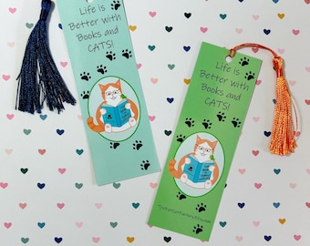 Reading cat bookmark, Orange cat parent, Gift for reader, For book lovers, Double sided bookmark, Page saver, With or without tassel