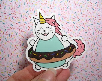 Donut cat vinyl sticker, Unicorn cat with donut, Chocolate sprinkle donut, Donut lover, Cat artwork, Cute cat decor, Cat lover gift