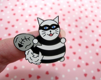 Burglar cat enamel pin, Dangerous cat, Black white pin, Cute cat accessory, Cat lapel pin, Animal lapel pin, Kawaii cat pin, Cat lover gift