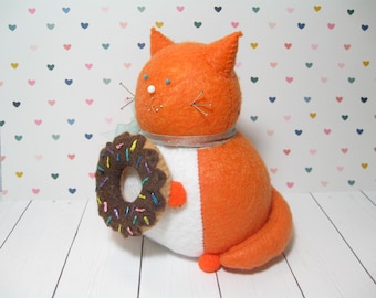 Cute donut cat, Felt pincushion, Donut lover gift, Orange ginger cat love, Chocolate sprinkle donut, Cat lover gift, Cat decor