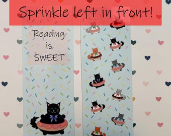 BOOKMARK Has ERROR on it, Donut cat bookmark, Black cat, Gift for reader, For book lovers, Double sided bookmark, Page saver, Funny cat gift