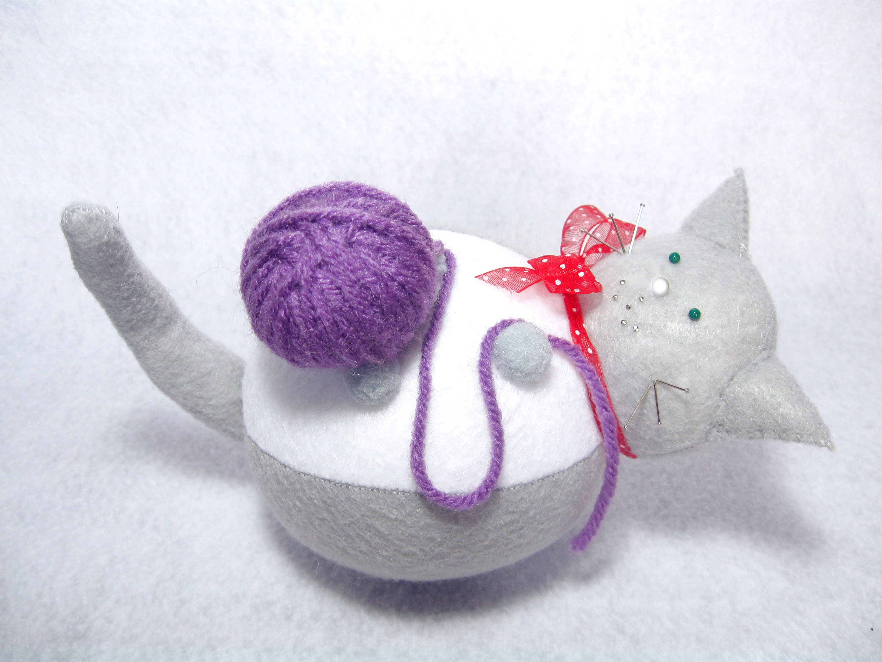 Cute cat pincushion Gray and white felt cat Animal lover