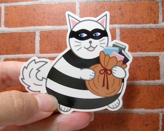 Book Burglar cat vinyl sticker, Gift for reader, Book lover gift, Cat artwork, Funny cat, Cute cat decor