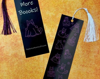 Halloween cat bookmark, Black purple bookmark, Gift for reader, For book lovers, Double sided bookmark, Page saver, With or without tassel