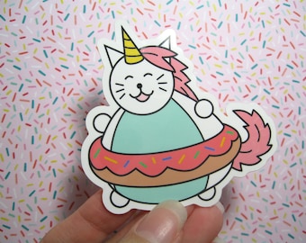 Donut cat vinyl sticker, Unicorn cat with donut, Pink sprinkle donut, Donut lover, Cat artwork, Cute cat decor, Cat lover gift