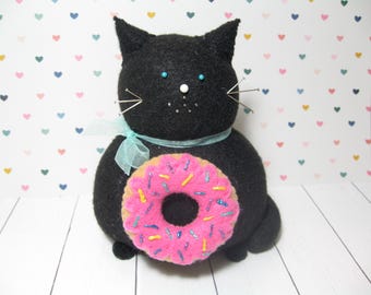 Cute donut cat, Felt pincushion, Donut lover gift, Black cat love, Pink sprinkle donut, Cat lover gift, Cat decor