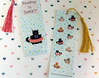 Donut cat bookmark, Black cat, Gift for reader, For book lovers, Double sided bookmark, Page saver, Cute cat gift, With or without tassel