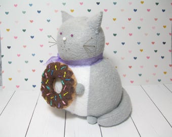 Cute donut cat, Felt pincushion, Donut lover gift, Gray cat love, Chocolate sprinkle donut, Cat lover gift, Cat decor
