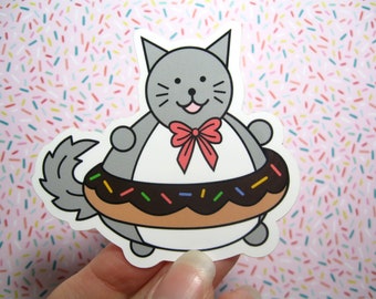 Donut cat vinyl sticker, Chocolate donut, Cat artwork, Funny cat, Cute cat decor, Cat lover gift