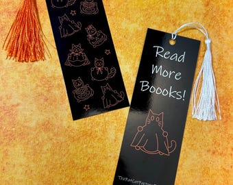 Halloween cat bookmark, Black orange bookmark, Gift for reader, For book lovers, Double sided bookmark, Page saver, With or without tassel