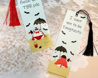 Summer vampire cat bookmark, Summerween, Gift for reader, For book lovers, Double sided bookmark, Funny cat gift, With or without tassel
