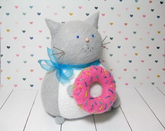 Cute donut cat, Felt pincushion, Donut lover gift, Gray cat love, Pink sprinkle donut, Cat lover gift, Cat decor