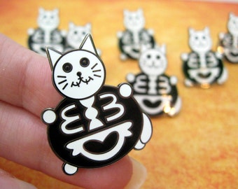 Skeleton cat enamel pin, Halloween accessory, Halloween cat, Black white pin, Cute not scary Halloween, Cat lapel pin, Spoopy pin, Lapel pin