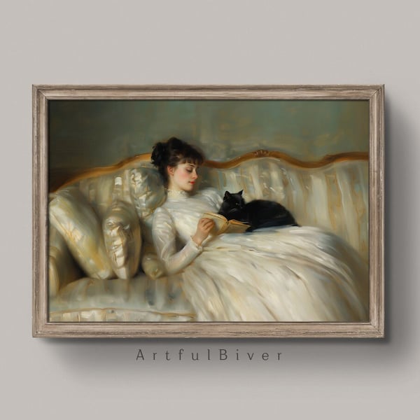 Victorian Lady Reading with Black Cat Art Print (Digital Download)
