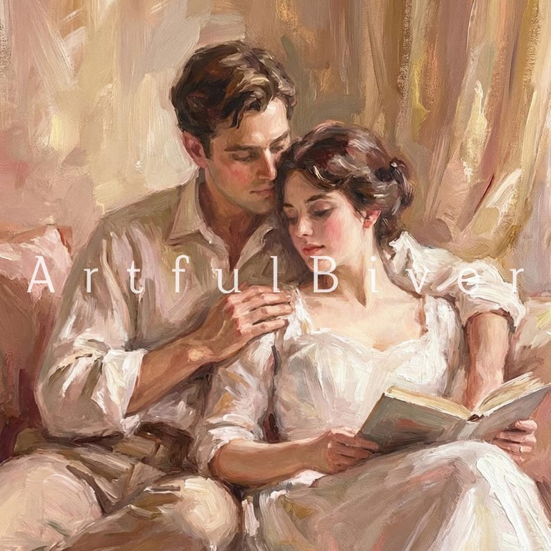 Romantic Couple Oil Painting Print, Vintage Reading Nook Art (digital ...