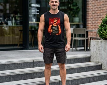 Schnurrbart-Muskelmann hält Tank Top ""Barry's Happy 40th Birthday"" | QR Code Rückseite