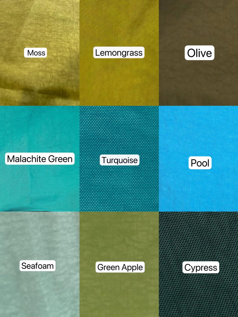 May include: A color palette featuring nine fabric swatches in shades of green and blue. The swatches are labeled with color names such as "Moss", "Lemongrass", "Olive", "Malachite Green", "Turquoise", "Pool", "Seafoam", "Green Apple", and "Cypress".