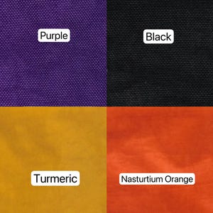 May include: A color swatch image featuring four fabric samples. The colors are purple, black, turmeric, and nasturtium orange. Each color is labeled with its name in a white rectangular box.