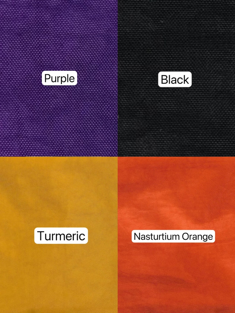 May include: A color swatch image featuring four fabric samples. The colors are purple, black, turmeric, and nasturtium orange. Each color is labeled with its name in a white rectangular box.