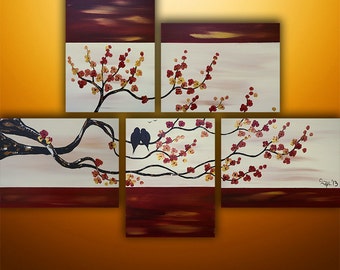 Made To Order Landscape Tree Wall Art Set, Love Birds In A Tree Cherry Blossom