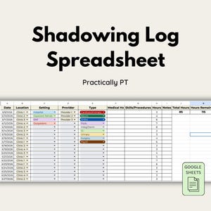 May include: A digital Shadowing Log Spreadsheet by Practically PT for Google Sheets. The table includes columns for Date, Location, Setting, Provider, Type, Medical Hx, Skills/Procedures, Hours, Notes, Total Hours, and Hours Remaining with color-coded entries.
