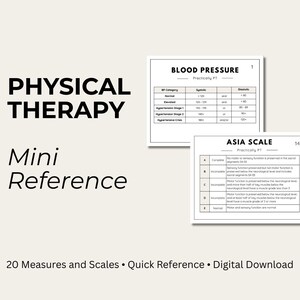 May include: A Physical Therapy Mini Reference digital download featuring 20 measures and scales. The document displays two pages: one titled Blood Pressure with a systolic and diastolic chart, and another titled ASIA Scale with a classification table.