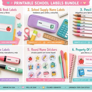 May include: A printable school labels bundle featuring six categories: notebook labels, supply name labels, pencil labels, mini name labels, round name stickers, and property of labels. The designs include pastel colours, kawaii icons, and blank name fields.