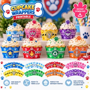 Puede incluir: Un conjunto de envoltorios para cupcakes imprimibles con temática de Paw Patrol, con varios colores e iconos de personajes que incluyen una estrella, una llama, un símbolo de reciclaje y un ancla. El diseño incluye huellas y formas de hueso.