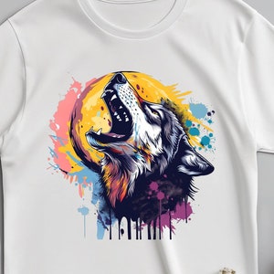 T-shirt vibrant de hurlements de loup, tête de loup colorée, chemise pleine lune, vêtements inspirés de la nature, t-shirt unisexe élégant !