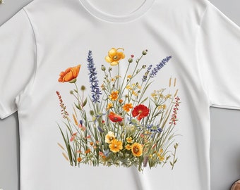 Vintages Wildblumen-T-Stück, Boho-Stil für Naturliebhaber, botanisches Wildblumen-Grafik-T-Stück, perfektes ideales Gärtnergeschenk
