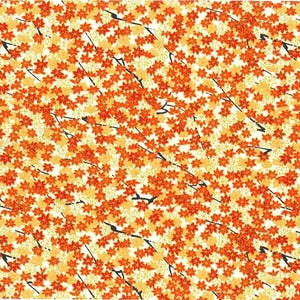 May include: A seamless pattern featuring a repeating design of orange and yellow flowers on a white background. The flowers are stylized and have a simple, elegant design.