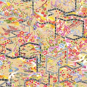May include: A colorful Japanese-style fabric with a repeating pattern of flowers, birds, and geometric shapes. The fabric is a gold color with black outlines and features a variety of colors including pink, red, blue, green, and white.