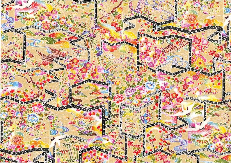 May include: A colorful Japanese-style fabric with a repeating pattern of flowers, birds, and geometric shapes. The fabric is a gold color with black outlines and features a variety of colors including pink, red, blue, green, and white.