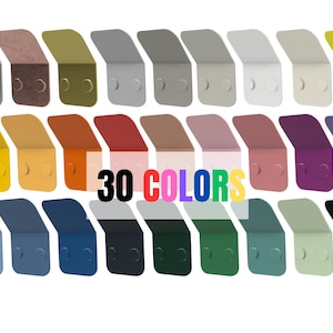 Könnte beinhalten: Darstellung von 30 farbigen Metallhaken, jeweils mit gebogenem Oberteil und zwei kreisförmigen Löchern. Die Farben umfassen Grautöne, Braun, Grün, Gelb, Orange, Rot, Rosa, Lila, Blau und Schwarz. Der Text "30 COLORS" ist zu sehen.