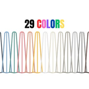 Może przedstawiać: Różne nogi do stołu typu hairpin w 29 kolorach na białym tle. Nogi wykonane są z metalu i mają klasyczny design hairpin. Tekst "29 COLORS" jest wyświetlany nad nogami.