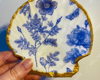 Blue Floral Butterfly Shell Jewelry Dish