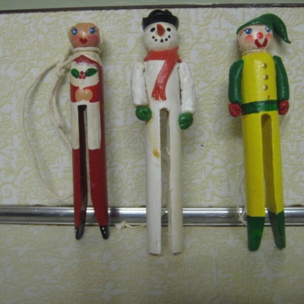 Vintage Hand Painted Mrs. Santa, Snowman and Elf ClothsPin Clothes Pin Handmade Christmas Ornament