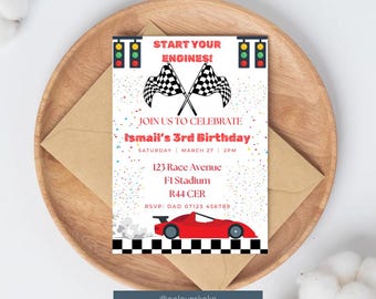 Race Car Birthday Invitation | Editable 3rd Birthday Invite | Boys Racing Party Printable | Customizable Canva Template